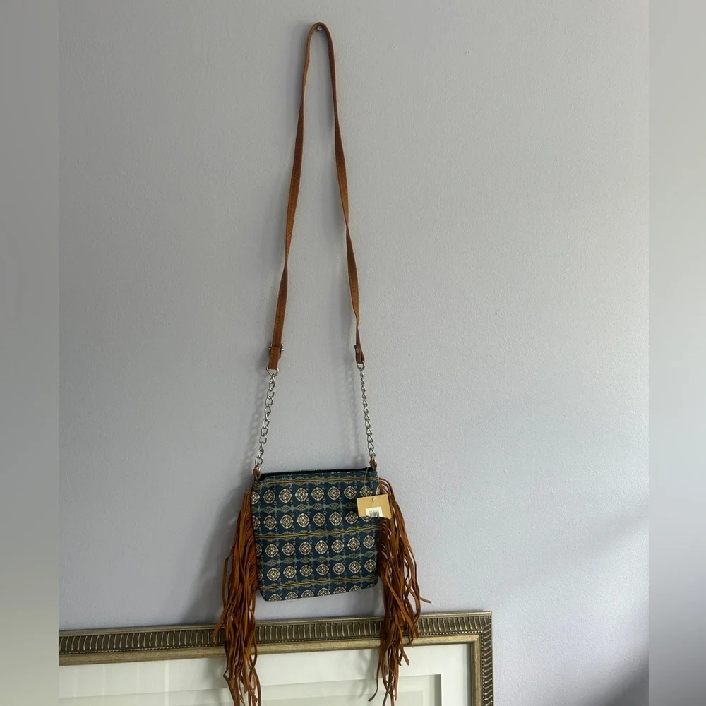 NWT Boho Fringe Crossbody Bag faux suede and canvas silver chain accent